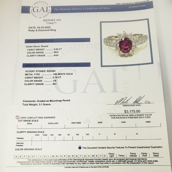 Vintage 14 Karat White Gold Ruby and Diamond Ring Size 4.5 GAI Certified #11655 - Picture 8 of 8
